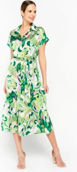 LOLALIZA Satijnen Hemdjurk Met Print - Groen - Maat 42