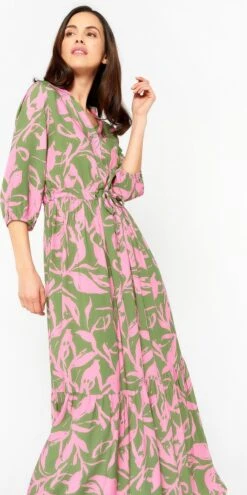 LOLALIZA Maxi-jurk Met Bloemenprint - Khaki - Maat 48