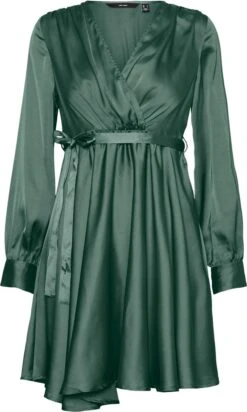 Vero Moda VMDIANA LS SATIN WRAP DRESS WVN BF Dames MINI Wikkeljurk Duck Green - Maat XXL