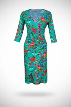 Tricot Wrap Jurk Drie Kwart Mouw Birds