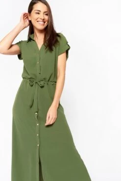 LOLALIZA Maxi Hemdjurk - Khaki - Maat 38
