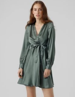 Vero Moda VMDIANA LS SATIN WRAP DRESS WVN BF Dames MINI Wikkeljurk Duck Green - Maat XXL -Trendsyol Winkel 922x1200